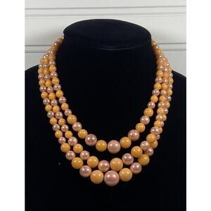 Vintage Triple Strand Orange & Pink Opalescent Graduated Beaded Costume Necklace
